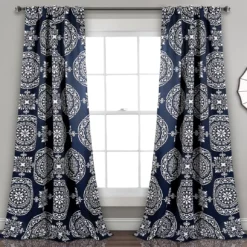 Karmen Medallion Navy Room-Darkening Back Tab Curtain Panel Pair, (84")