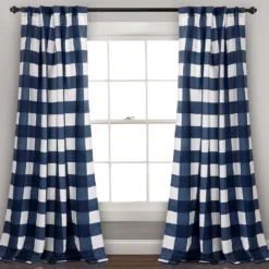 Kelly Checker Navy Room-Darkening Back Tab Curtain Panel Pair, (84")