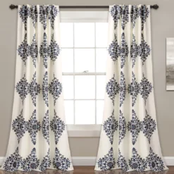 Keya Medallion Cream & Blue Room-Darkening Back Tab Curtain Panel Pair, (84")