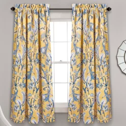 Dolores Yellow & Blue Floral Room-Darkening Rod Pocket Curtain Panel Pair, (63")