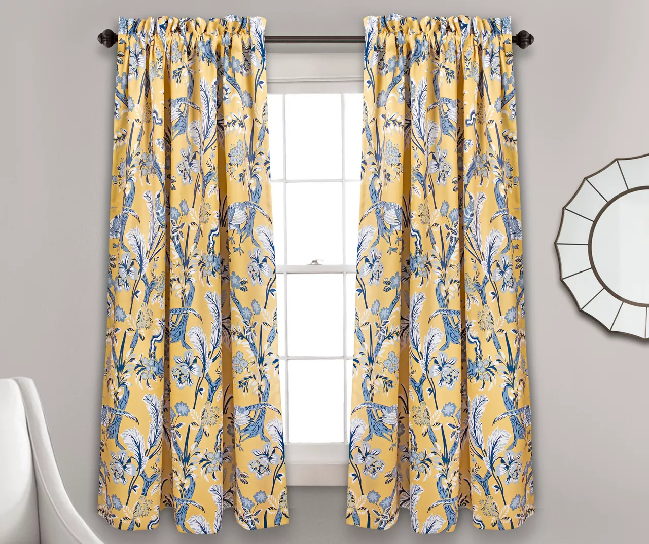 Dolores Yellow & Blue Floral Room-Darkening Rod Pocket Curtain Panel Pair, (63")