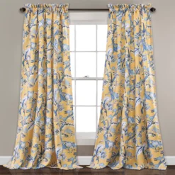 Dolores Yellow & Blue Floral Room-Darkening Rod Pocket Curtain Panel Pair, (95")