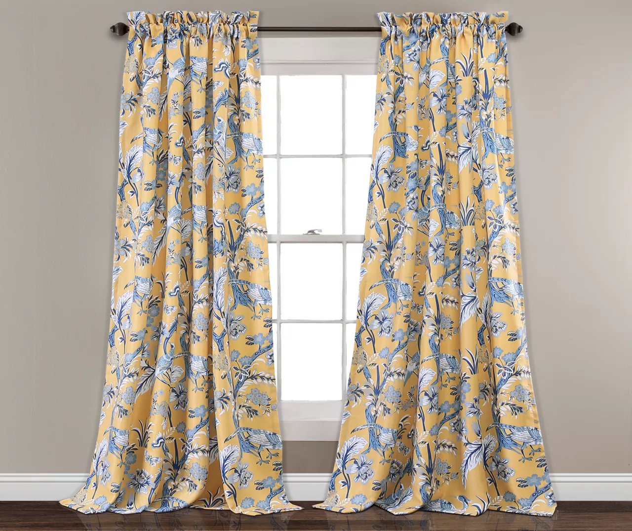 Dolores Yellow & Blue Floral Room-Darkening Rod Pocket Curtain Panel Pair, (95")