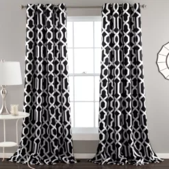 Edward Trellis Black Room-Darkening Grommet Curtain Panel Pair, (84")
