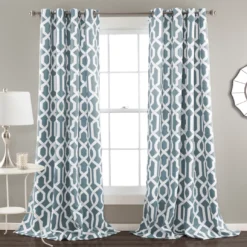 Edward Trellis Blue Room-Darkening Grommet Curtain Panel Pair, (84")