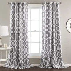 Edward Trellis Gray Room-Darkening Grommet Curtain Panel Pair, (108")