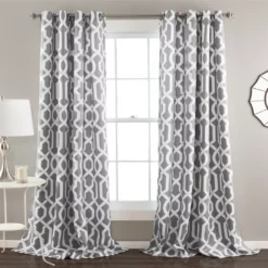 Edward Trellis Gray Room-Darkening Grommet Curtain Panel Pair, (84")