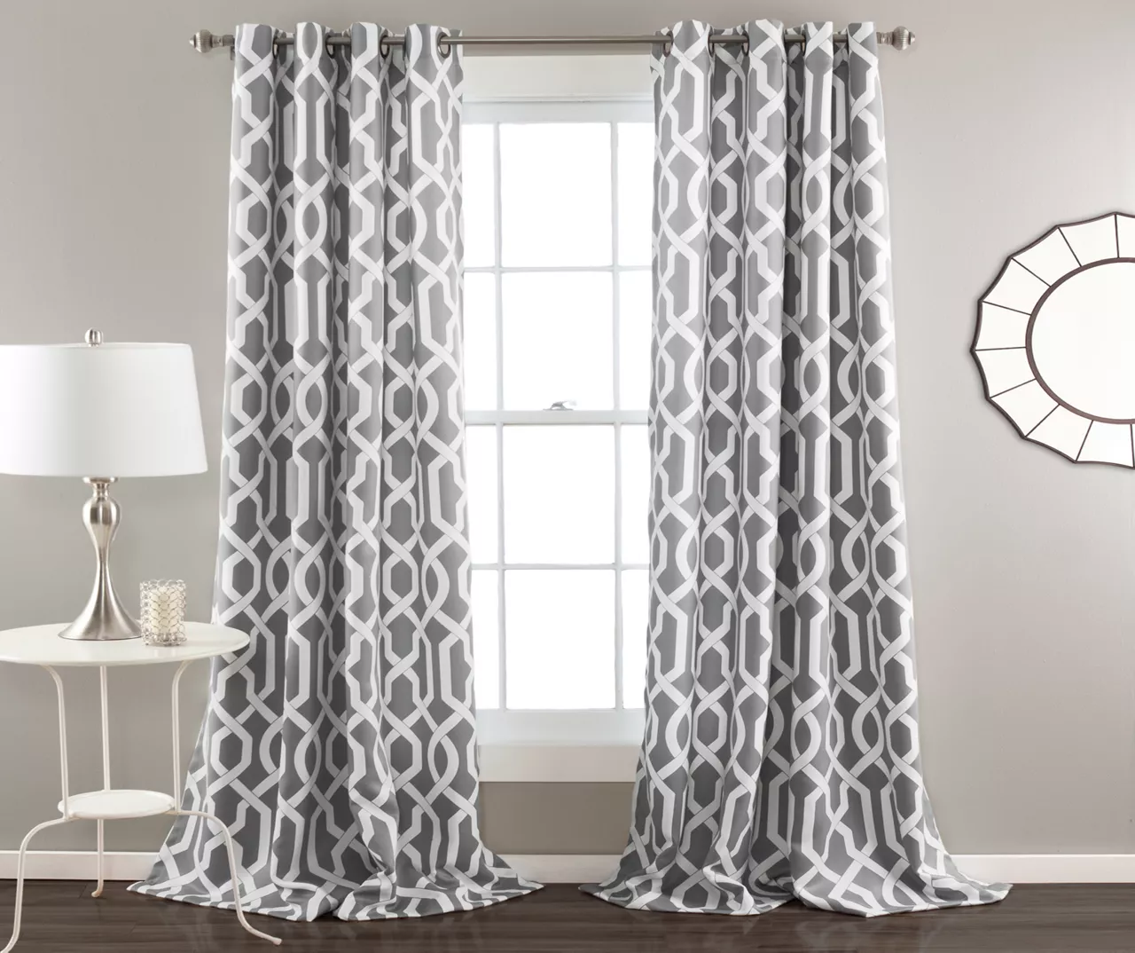 Edward Trellis Gray Room-Darkening Grommet Curtain Panel Pair, (95")
