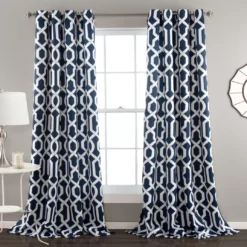 Edward Trellis Navy Room-Darkening Grommet Curtain Panel Pair, (84")