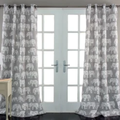 Elephant Parade Gray Room-Darkening Grommet Curtain Panel Pair, (84")