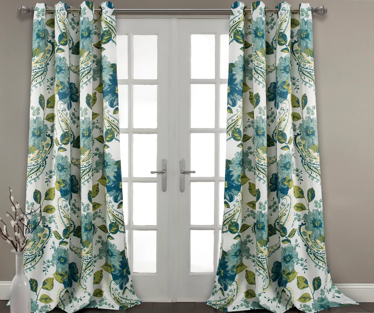 Floral Paisley Blue & Green Room-Darkening Grommet Curtain Panel Pair, (95")