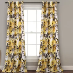 Floral Watercolor Yellow & Gray Room-Darkening Grommet Curtain Panel Pair, (84")