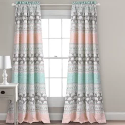 Elephant Stripe Turquoise & Pink Room-Darkening Rod Pocket Curtain Panel Pair, (84")