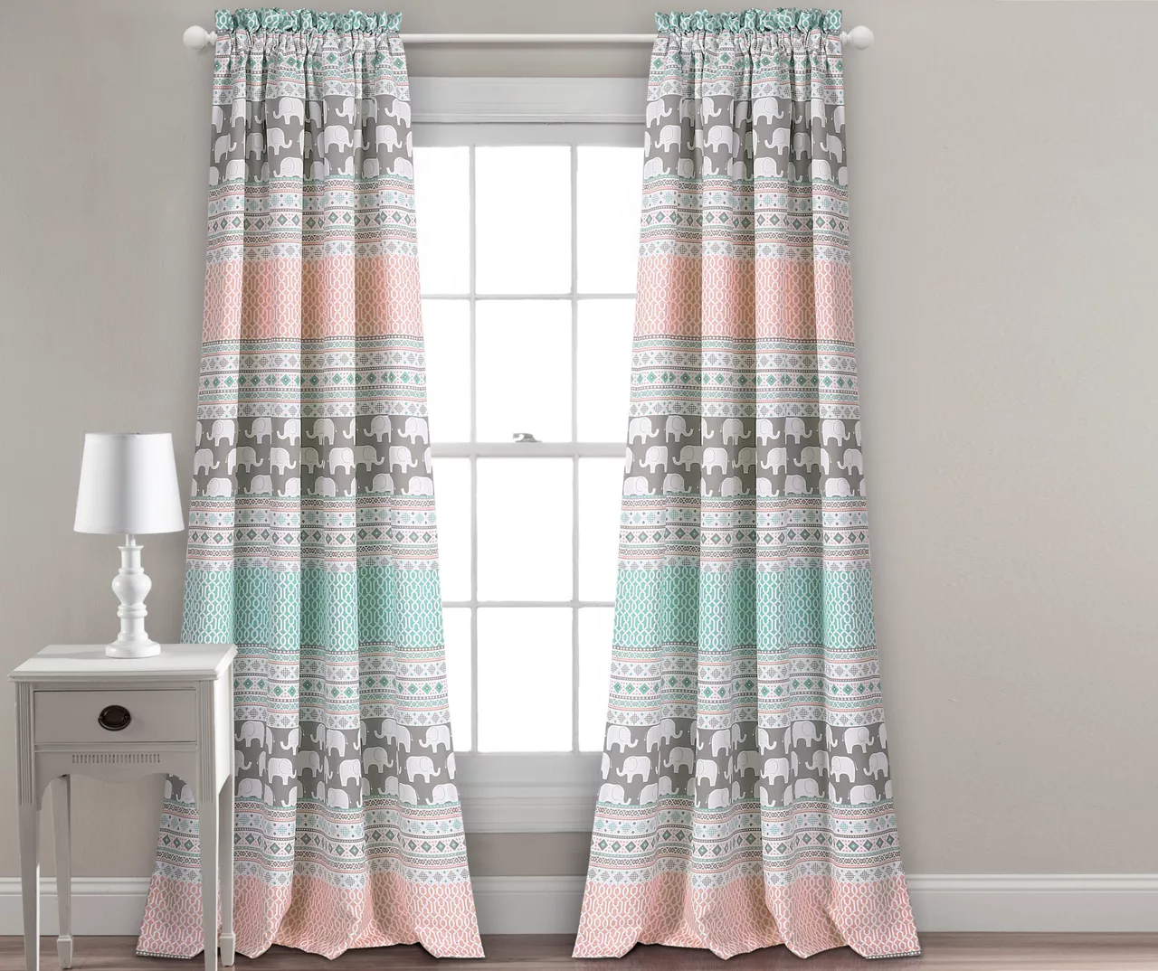 Elephant Stripe Turquoise & Pink Room-Darkening Rod Pocket Curtain Panel Pair, (84")