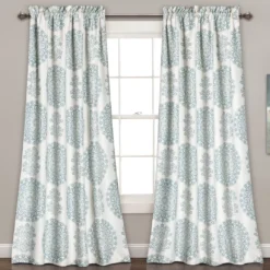 Evelyn Medallion Blue & White Room-Darkening Rod Pocket Curtain Panel Pair, (95")