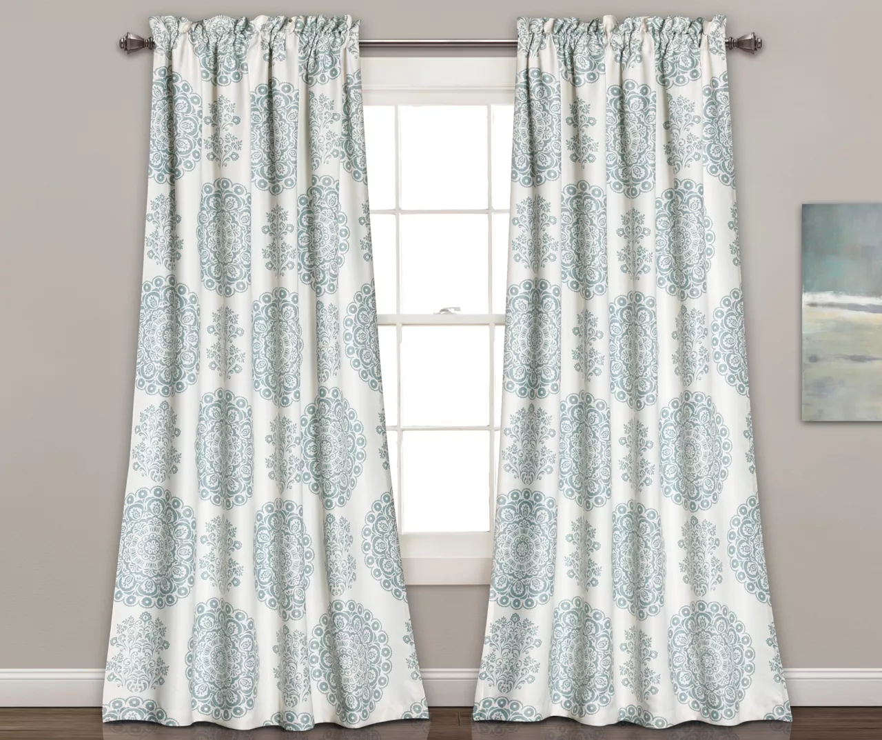 Evelyn Medallion Blue & White Room-Darkening Rod Pocket Curtain Panel Pair, (95")