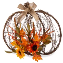 Autumn Floral Rattan Pumpkin Wall Decor
