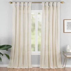 Priya Natural Semi-Sheer Tab Top Curtain Panel, (63")