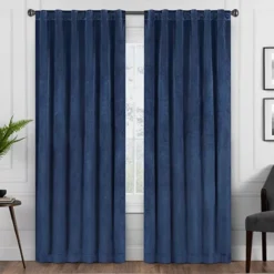 Harper Navy Velvet Blackout Rod Pocket Curtain Panel, (95")