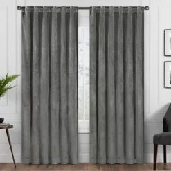 Harper Charcoal Velvet Blackout Rod Pocket Curtain Panel, (95")
