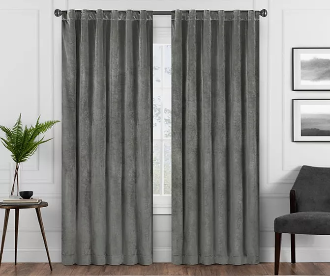 Harper Charcoal Velvet Blackout Rod Pocket Curtain Panel, (95")
