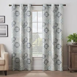 Martina Medallion Blue Blackout Grommet Curtain Panel, (108")