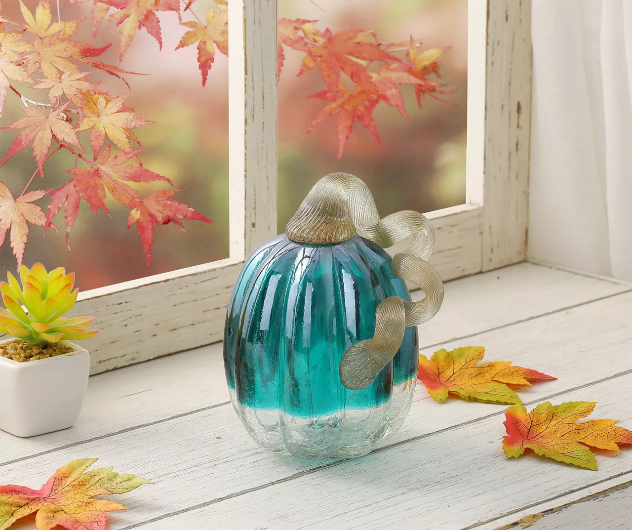 5" Turquoise Crackle Glass Pumpkin - Image 2