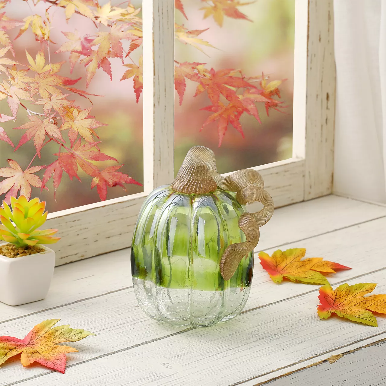 5" Green Crackle Glass Pumpkin - Image 2