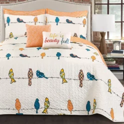 Rowley Birds Orange Full/Queen Reversible 7-Piece Quilt Set