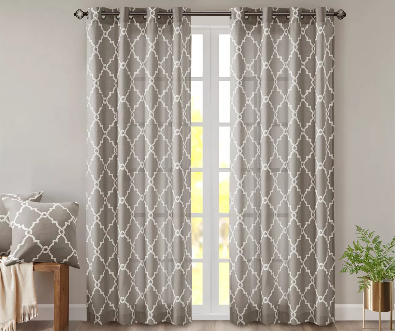 Sereno Fretwork Gray Light-Filtering Grommet Curtain Panel, (84")