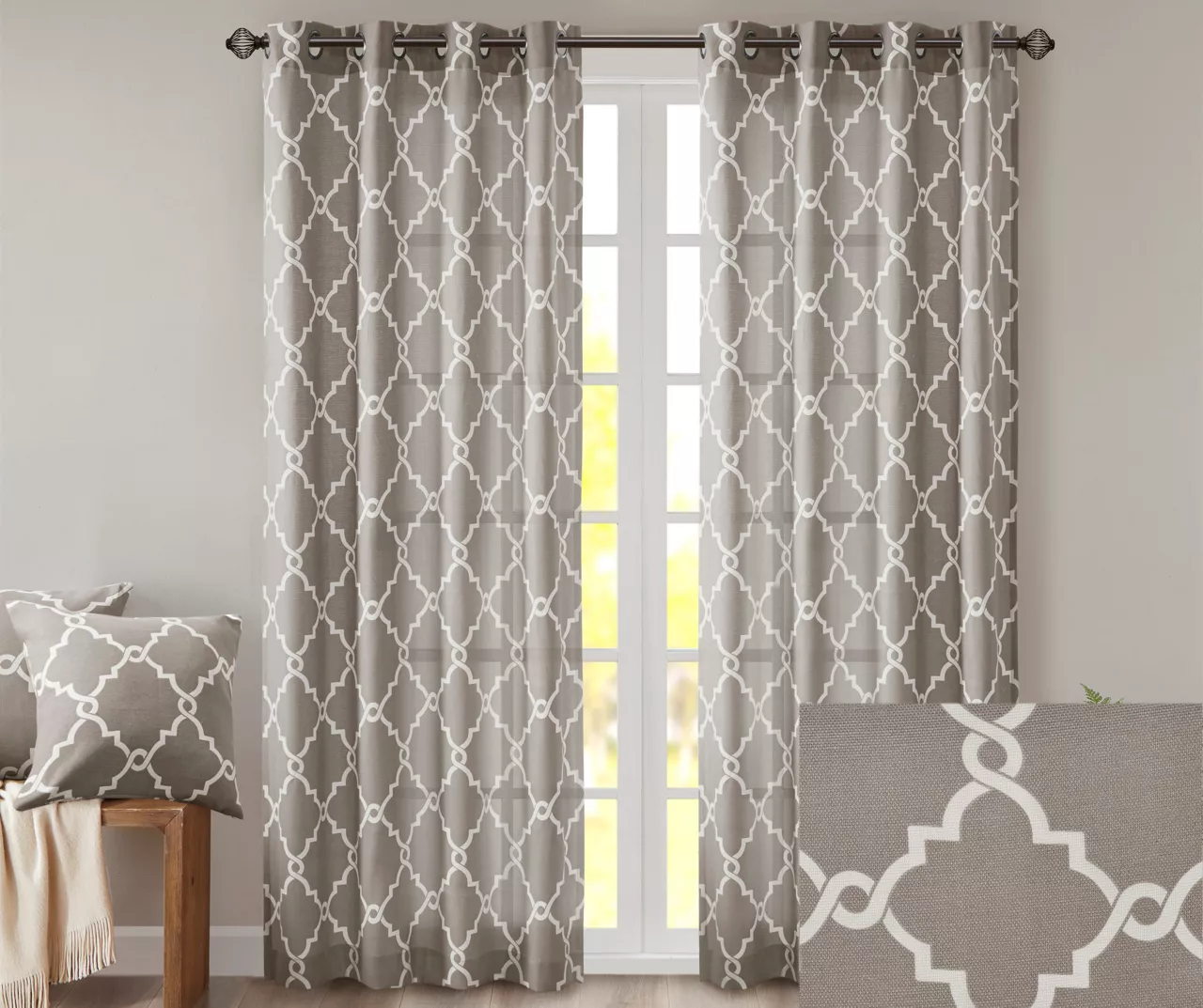 Sereno Fretwork Gray Light-Filtering Grommet Curtain Panel, (84") - Image 3
