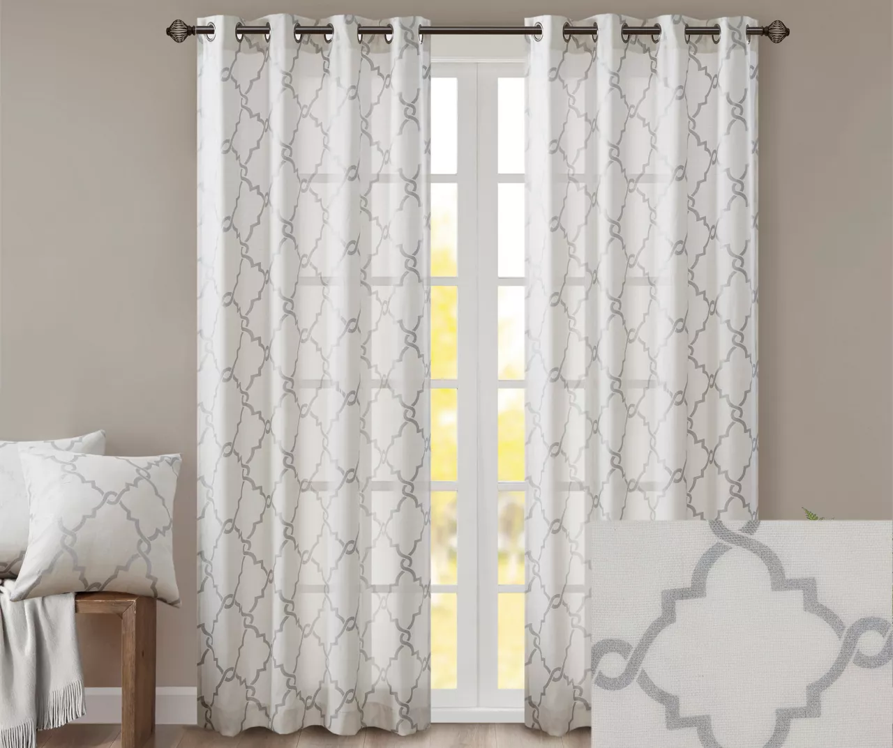 Sereno Fretwork Ivory Light-Filtering Grommet Curtain Panel, (84") - Image 3