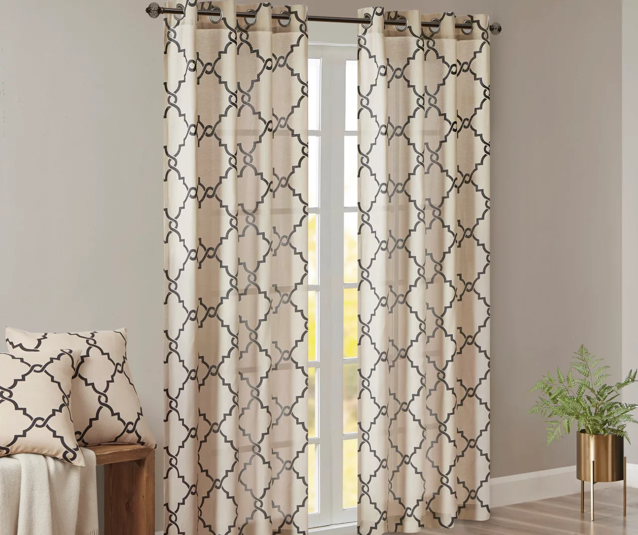Sereno Fretwork Khaki Light-Filtering Grommet Curtain Panel, (63") - Image 2