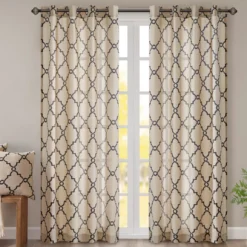 Sereno Fretwork Khaki Light-Filtering Grommet Curtain Panel, (63")
