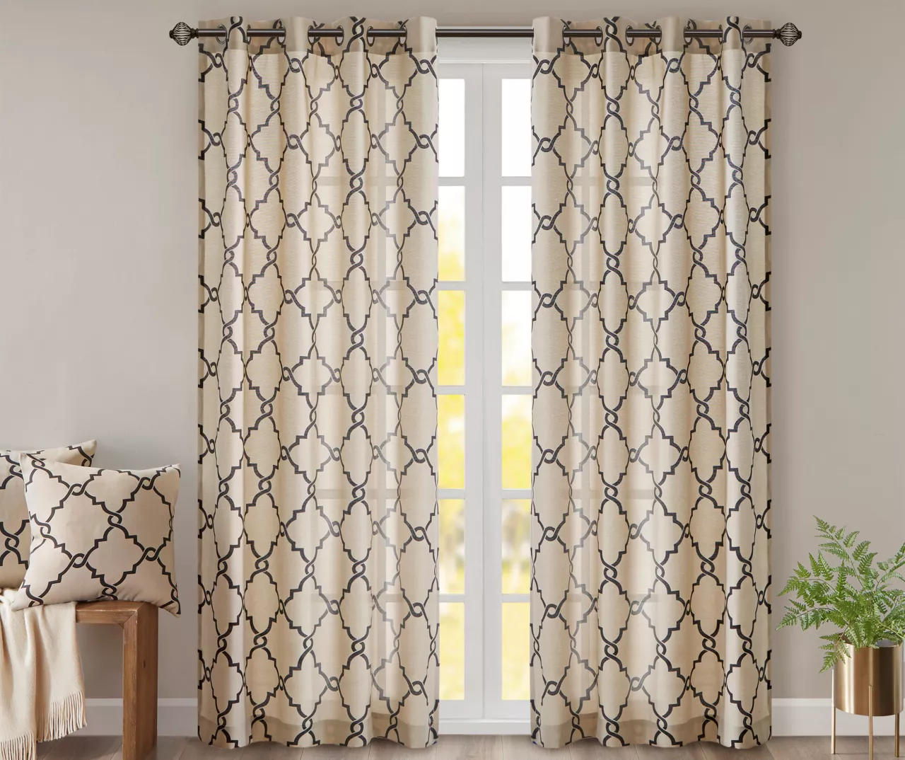 Sereno Fretwork Khaki Light-Filtering Grommet Curtain Panel, (63")