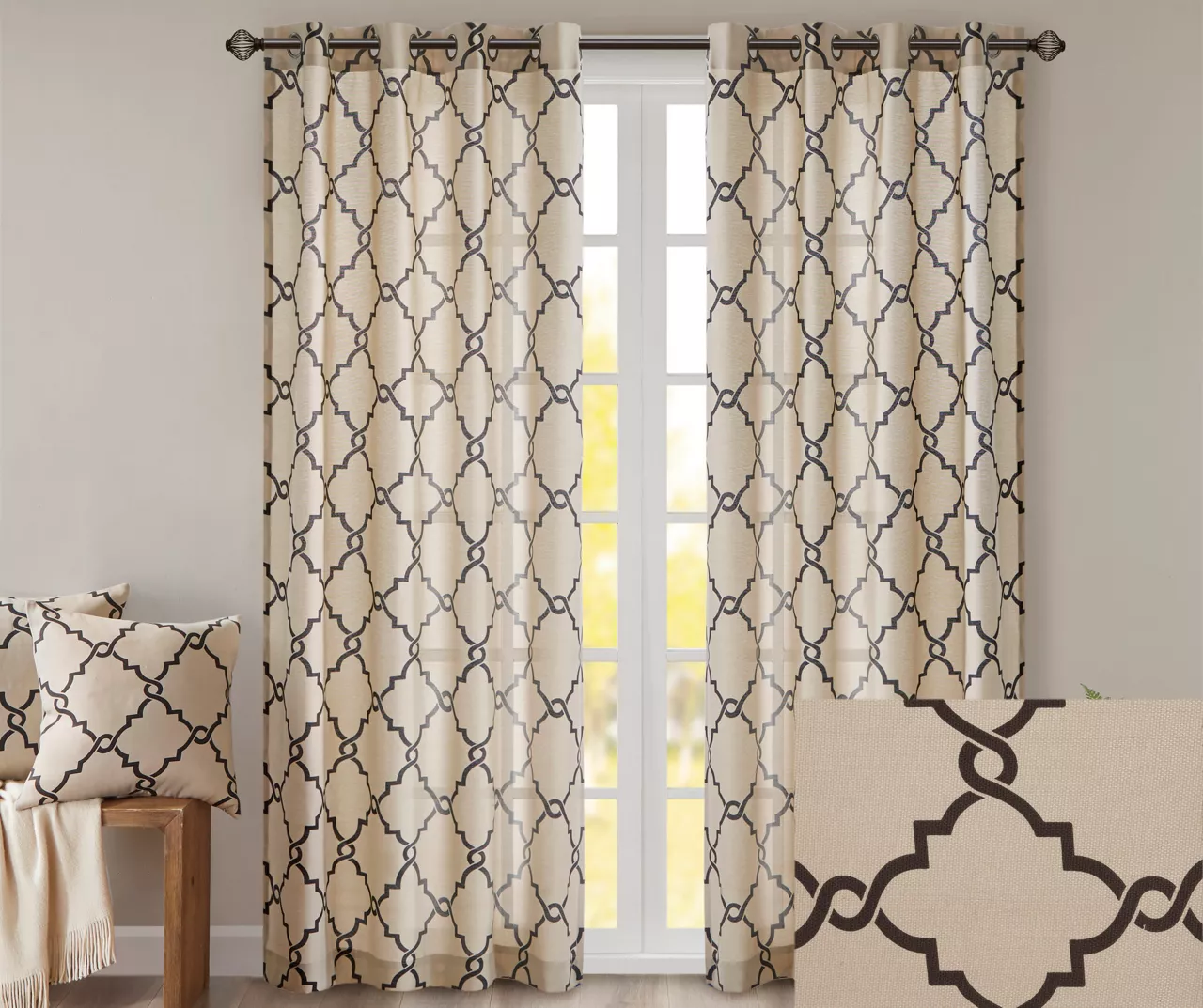 Sereno Fretwork Khaki Light-Filtering Grommet Curtain Panel, (63") - Image 3