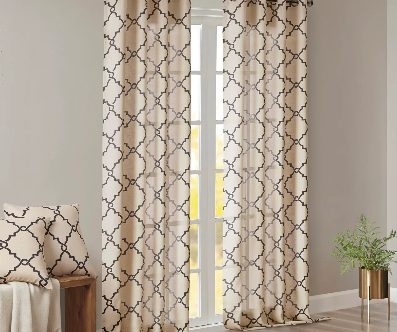 Sereno Fretwork Khaki Light-Filtering Grommet Curtain Panel, (95") - Image 9