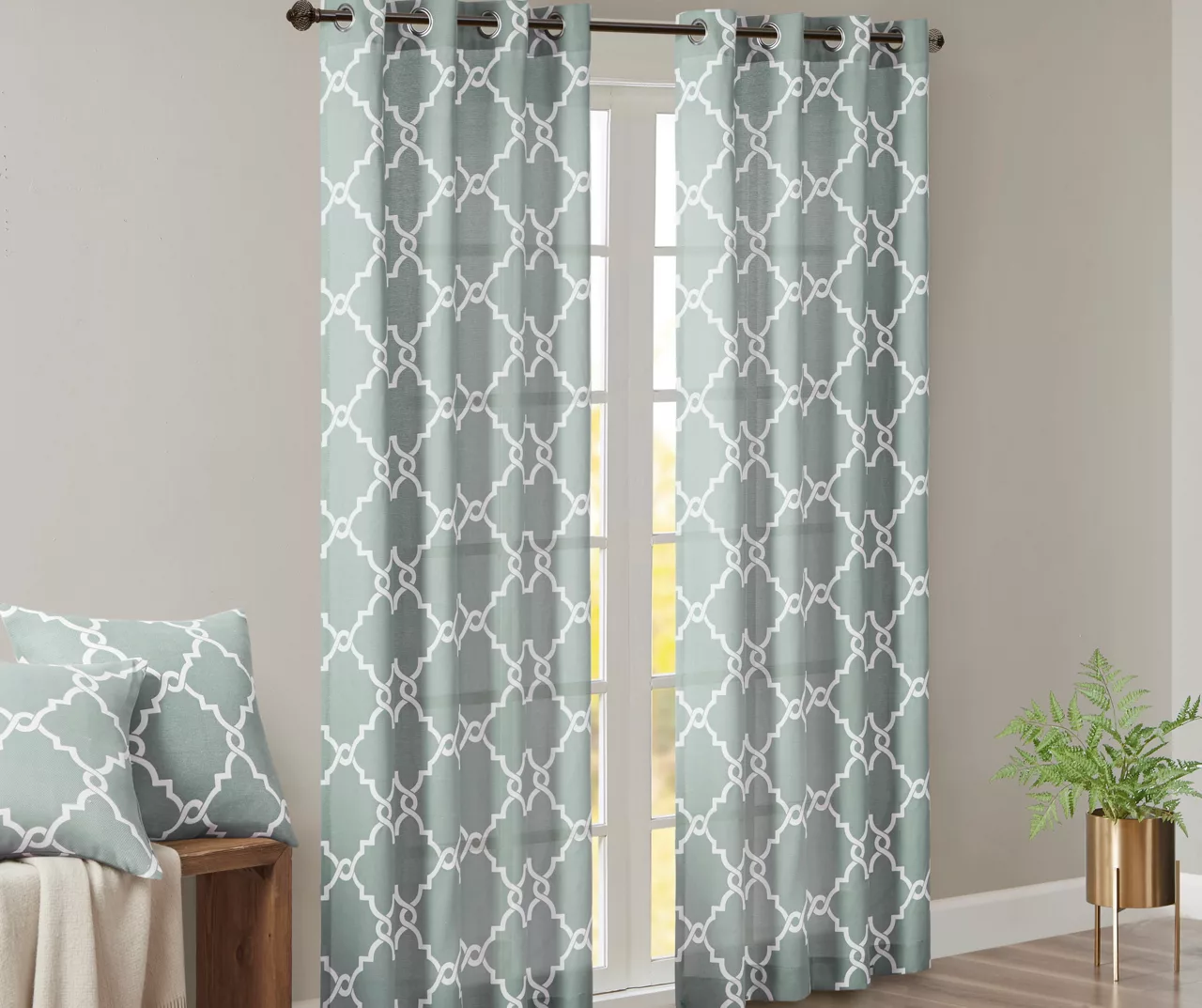 Sereno Fretwork Seafoam Light-Filtering Grommet Curtain Panel, (63") - Image 2