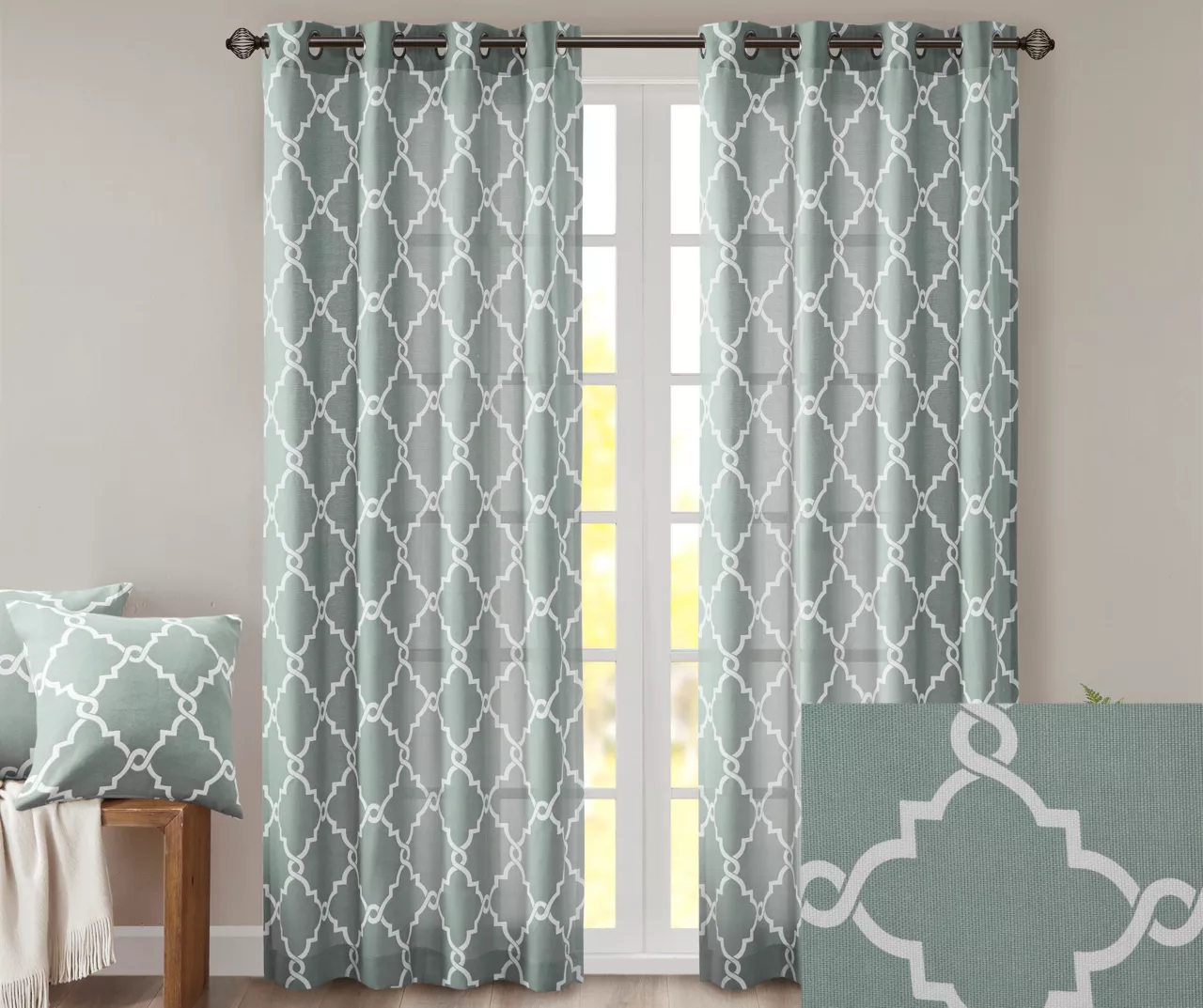 Sereno Fretwork Seafoam Light-Filtering Grommet Curtain Panel, (95") - Image 3