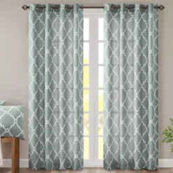 Sereno Fretwork Seafoam Light-Filtering Grommet Curtain Panel, (95")