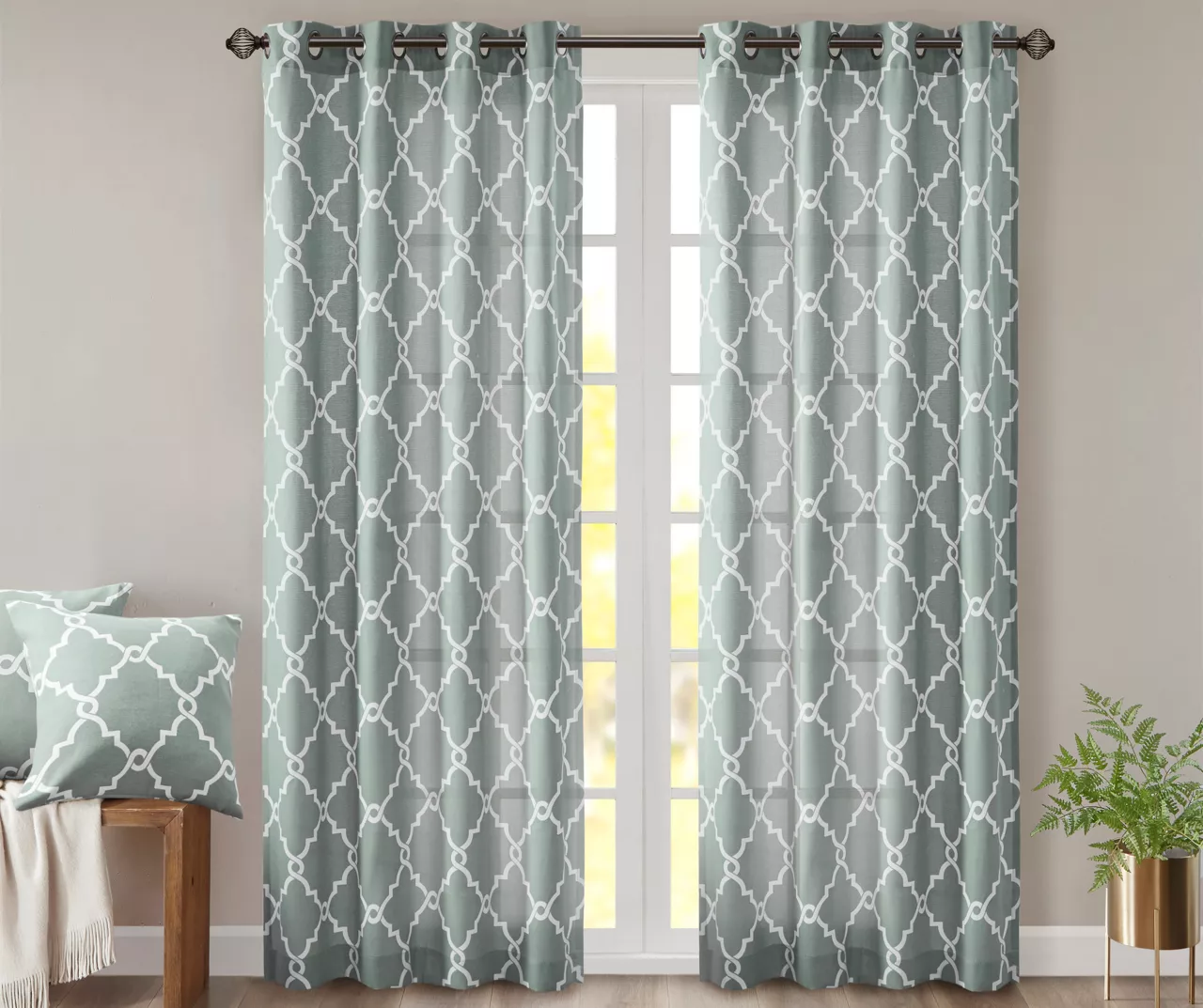 Sereno Fretwork Seafoam Light-Filtering Grommet Curtain Panel, (95")