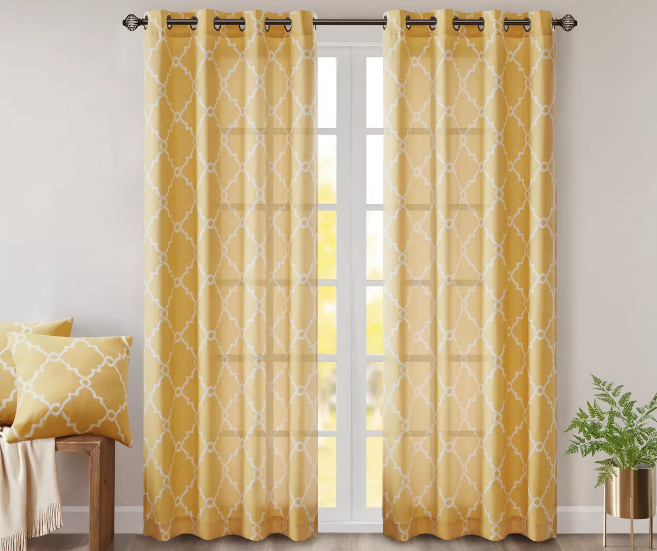 Sereno Fretwork Yellow Light-Filtering Grommet Curtain Panel, (84")