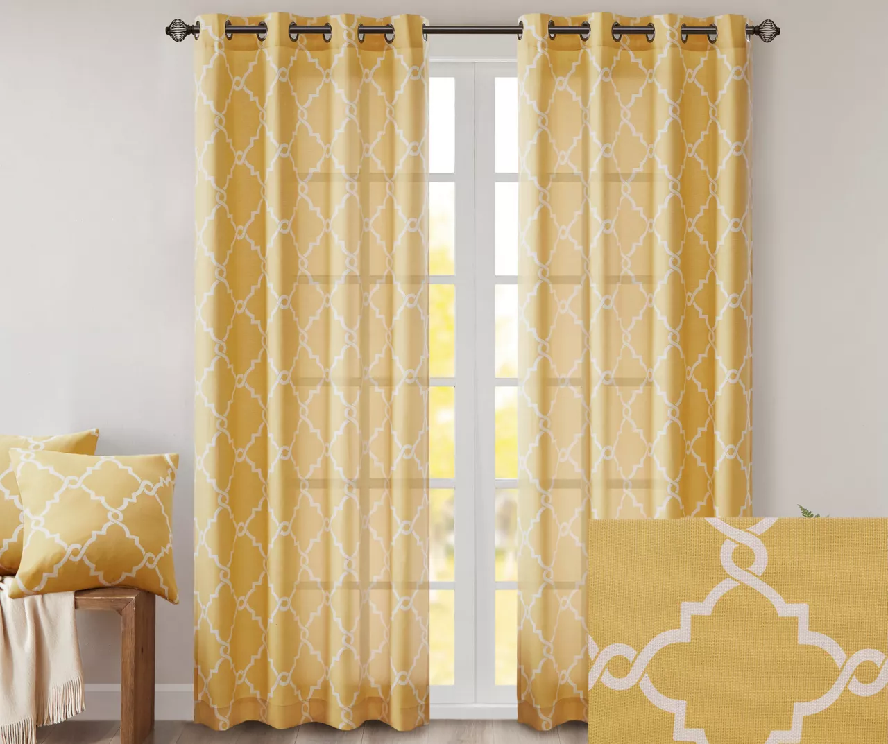 Sereno Fretwork Yellow Light-Filtering Grommet Curtain Panel, (95") - Image 3