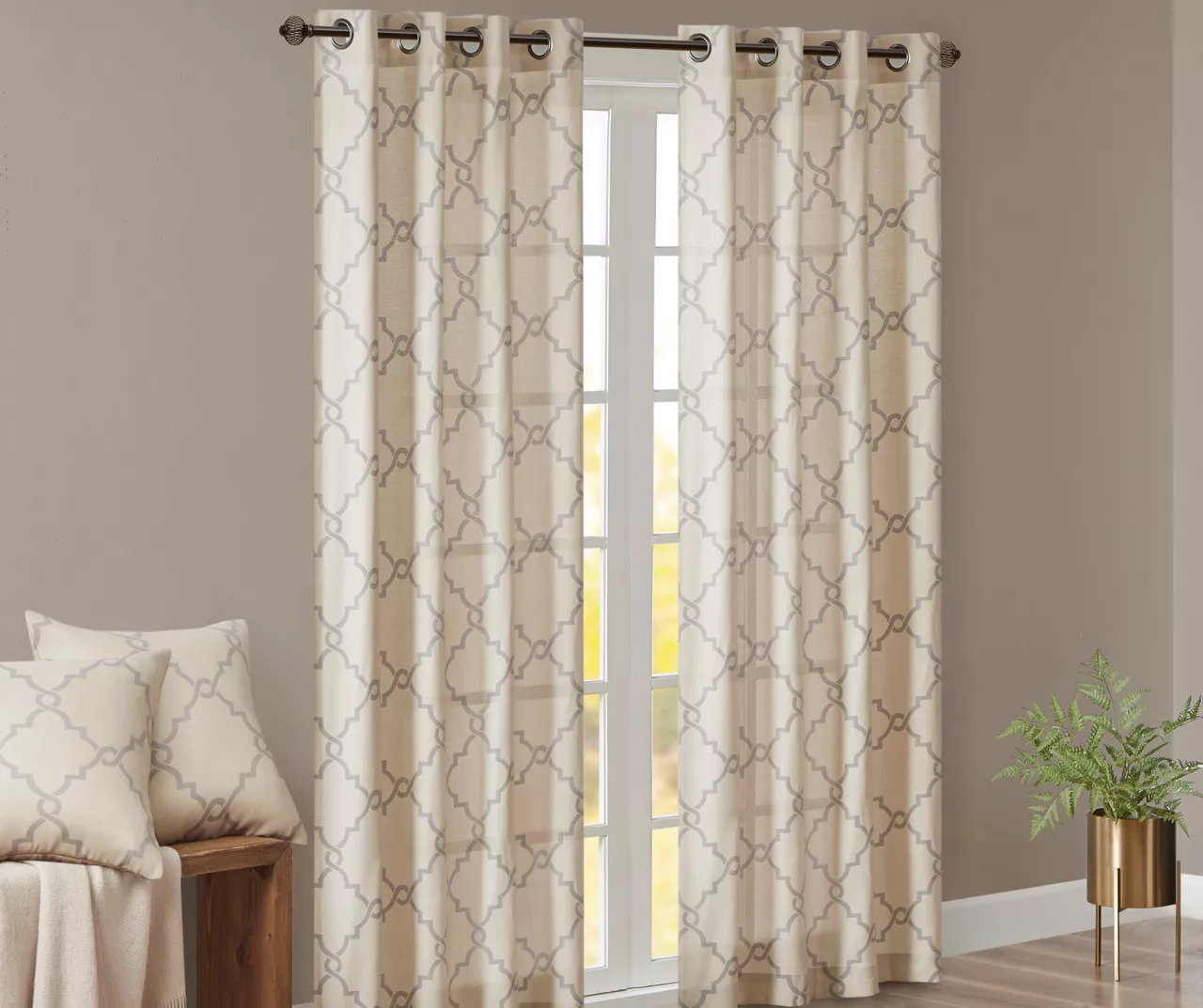 Sereno Fretwork Beige Light-Filtering Grommet Curtain Panel, (63") - Image 2