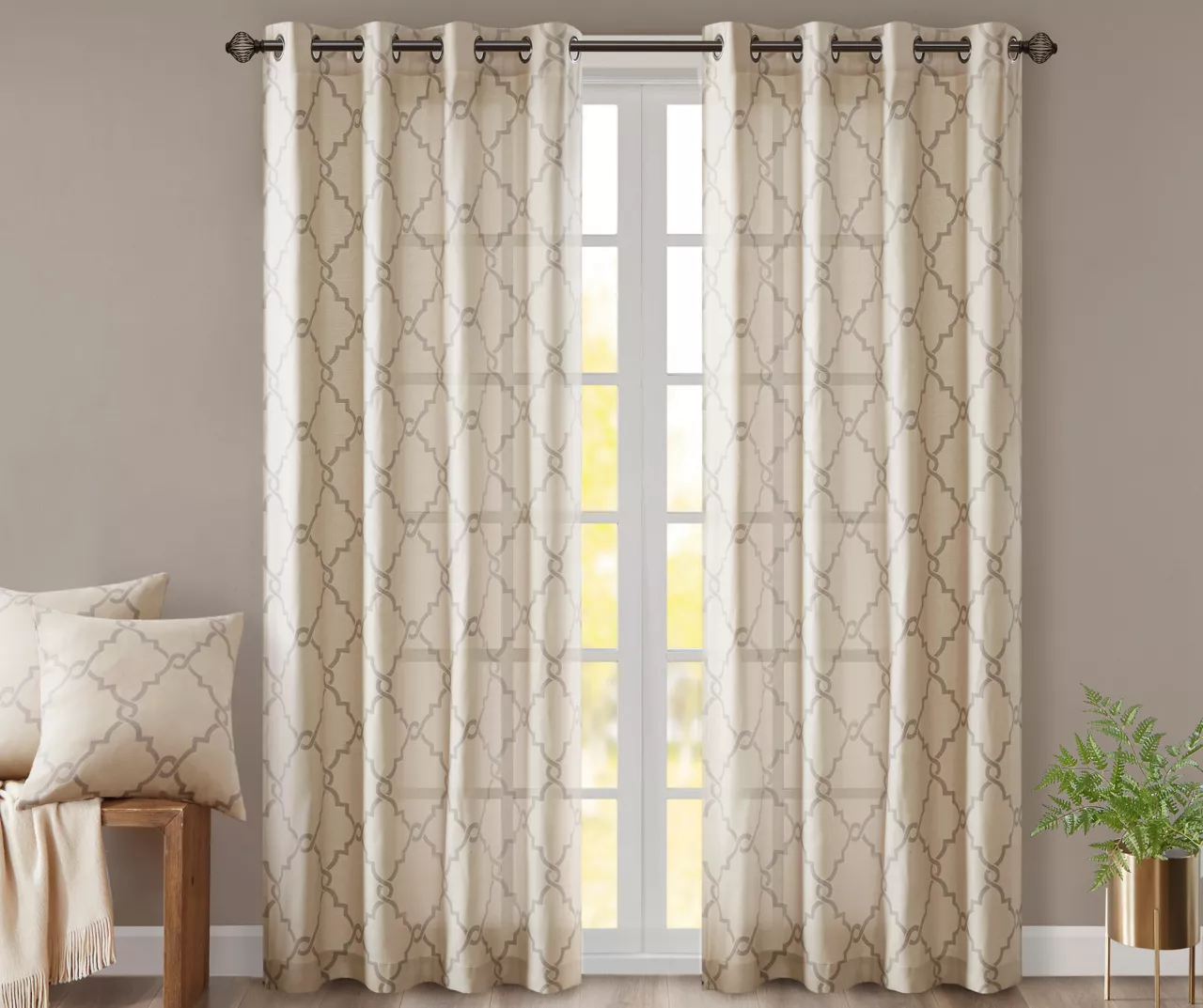 Sereno Fretwork Beige Light-Filtering Grommet Curtain Panel, (84")