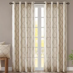 Sereno Fretwork Beige Light-Filtering Grommet Curtain Panel, (95")