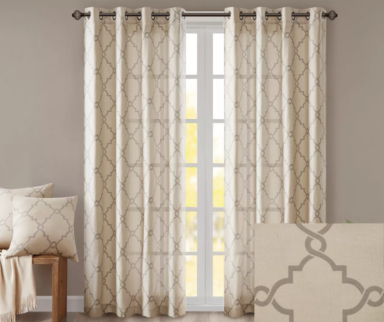 Sereno Fretwork Beige Light-Filtering Grommet Curtain Panel, (63") - Image 3