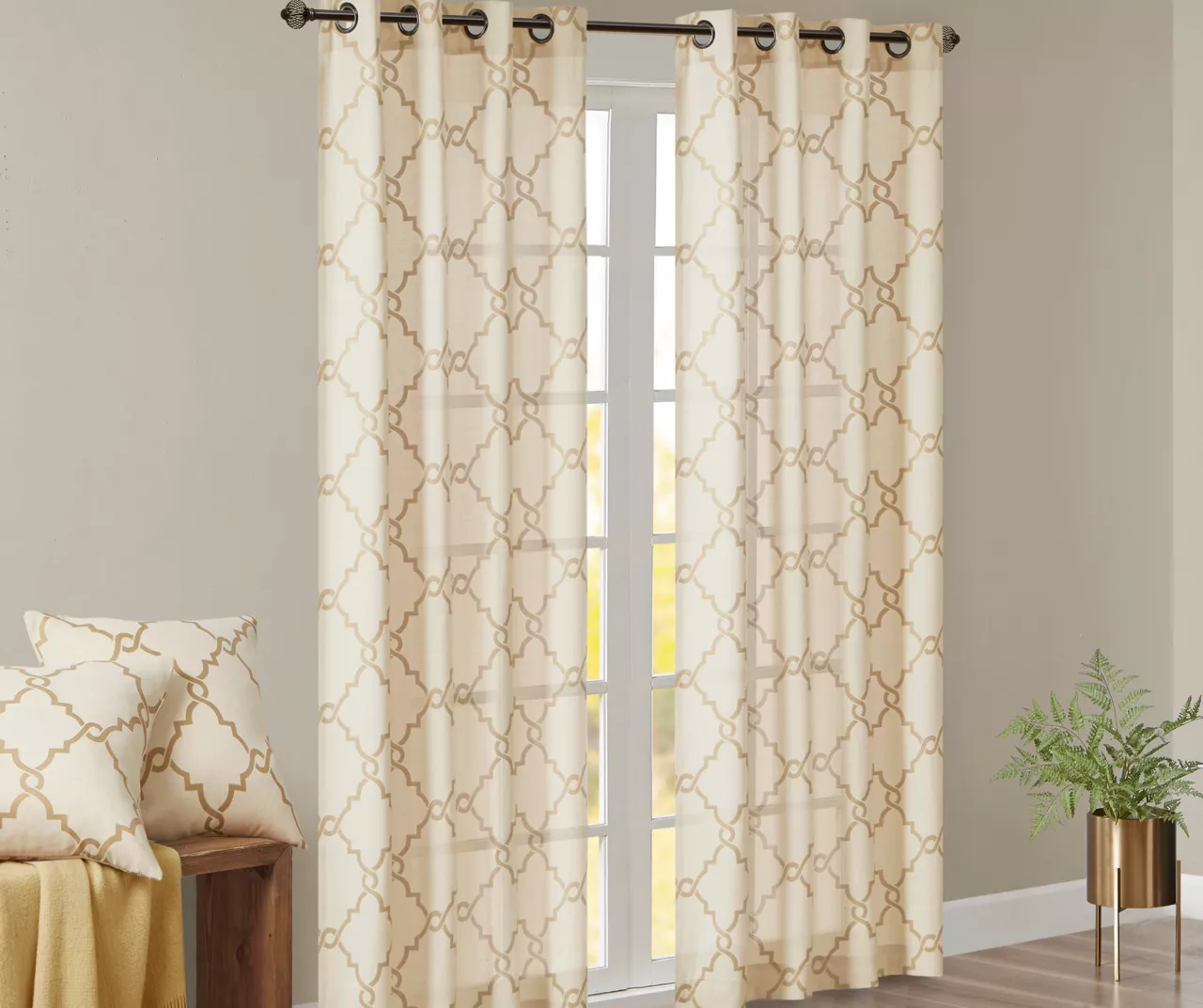 Sereno Fretwork Beige & Gold Light-Filtering Grommet Curtain Panel, (84") - Image 2