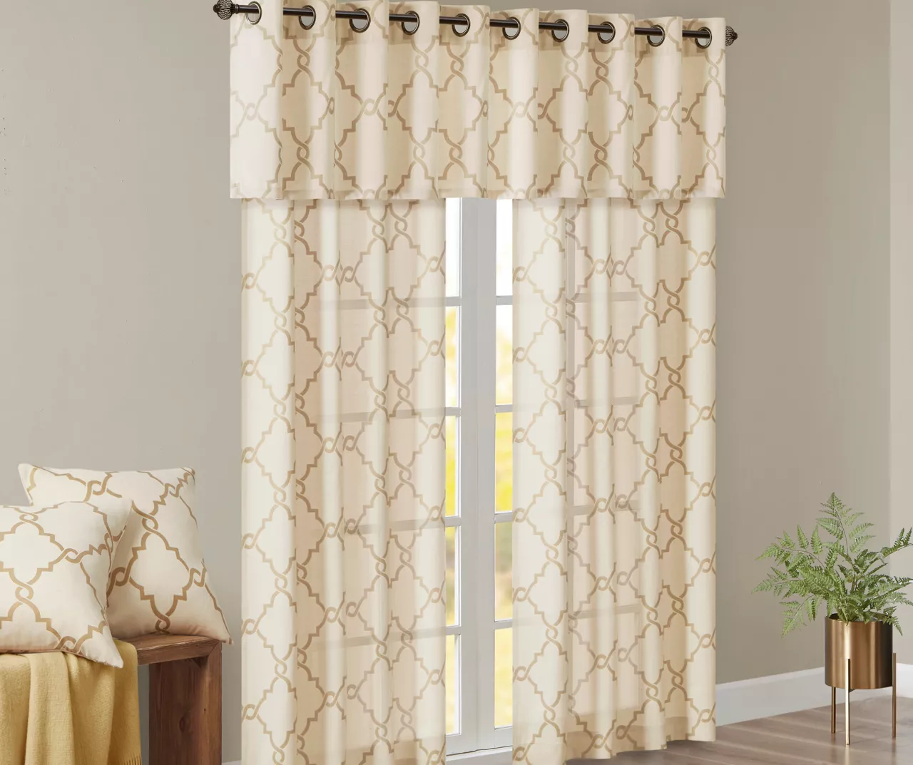 Sereno Fretwork Beige & Gold Light-Filtering Grommet Curtain Panel, (84") - Image 11