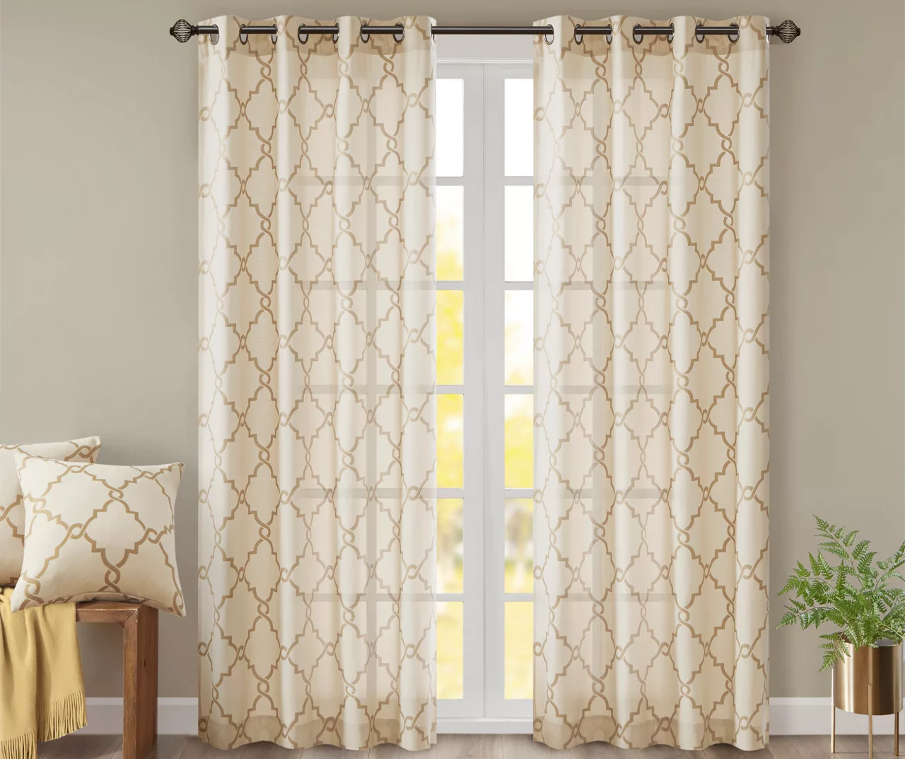 Sereno Fretwork Beige & Gold Light-Filtering Grommet Curtain Panel, (95")